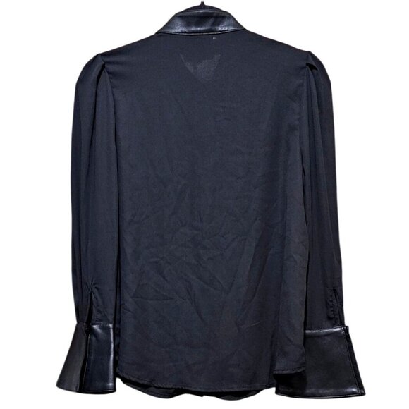 Gracia Black Button-Up Top With Faux Leather Details & Flared Sleeves - Size S - Picture 2 of 12